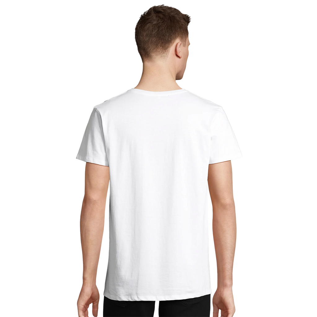 Person wearing a plain white t-shirt on a white background