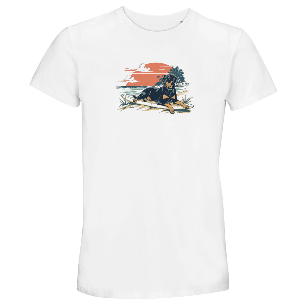 White t-shirt with a dog graphic on a white background