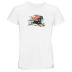 White t-shirt with a dog graphic on a white background