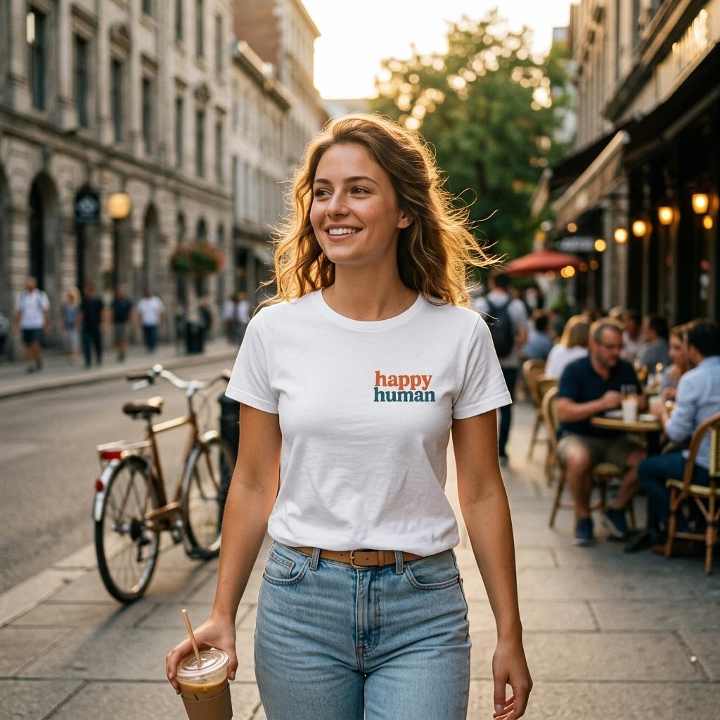 Woman walking down a city street wearing a 'happy human' print t-shirt.