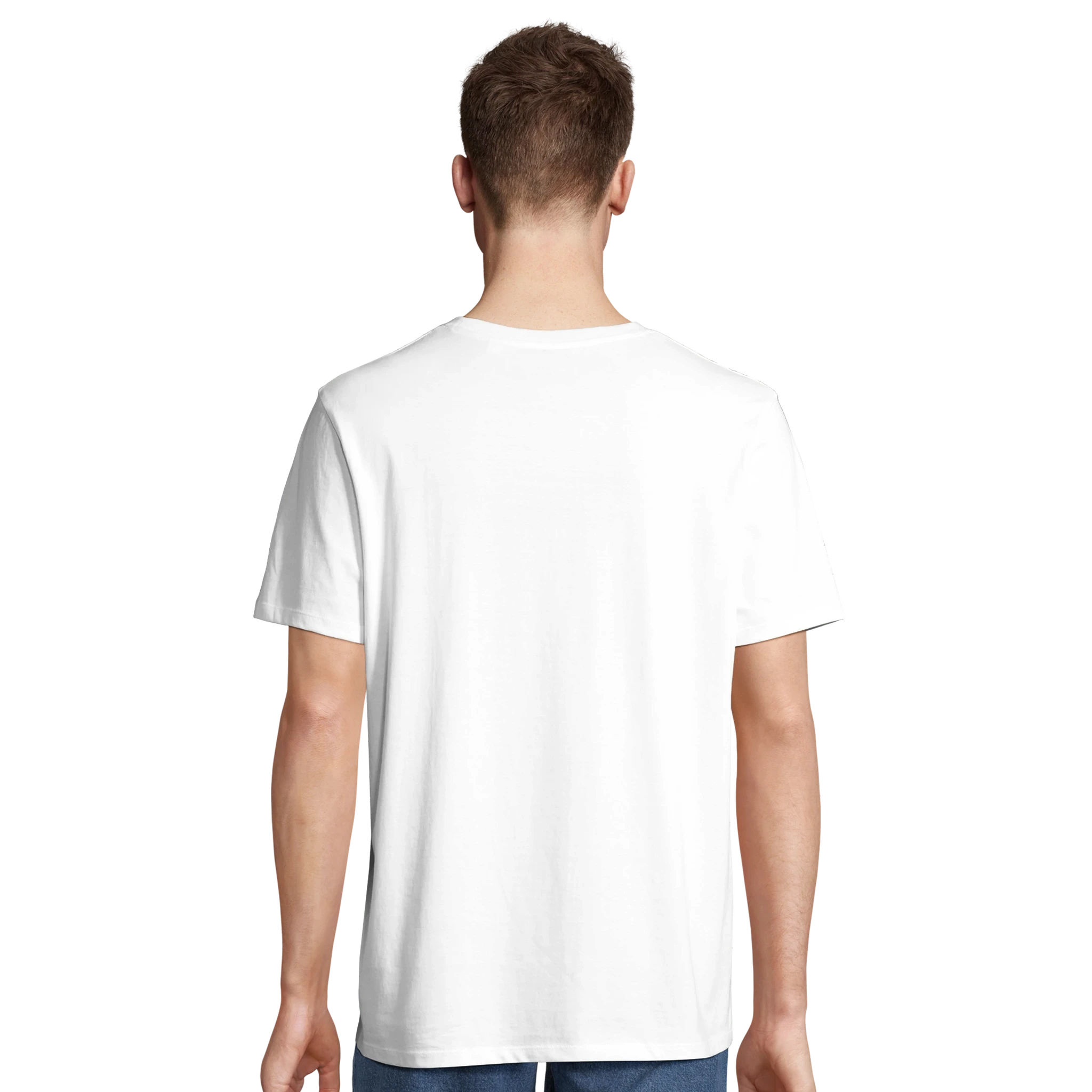 Person wearing a plain white t-shirt on a white background