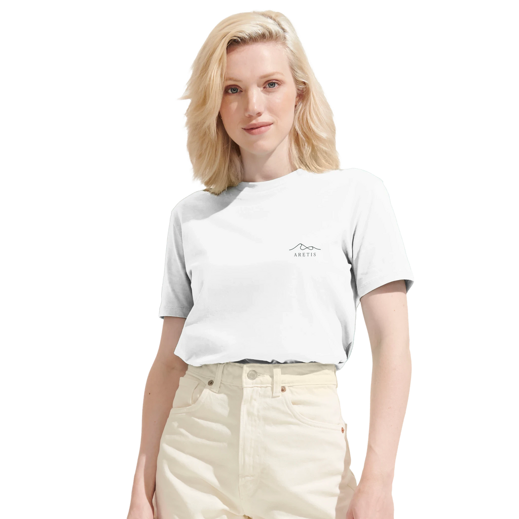 Woman wearing a white t-shirt with the Aretis logo on a white background