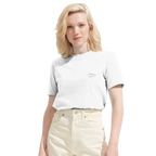 Woman wearing a white t-shirt with the Aretis logo on a white background