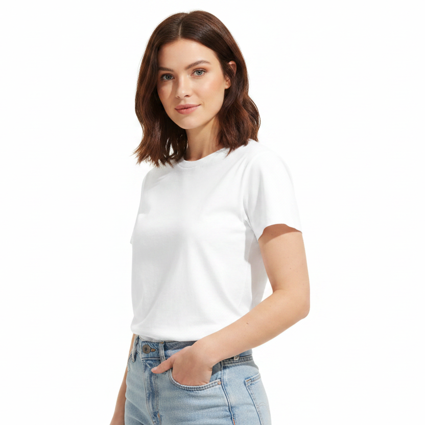 A woman with shoulder-length brown hair wearing an Aretis plain white short-sleeve crewneck t-shirt and light-wash blue jeans, standing against a solid white background.