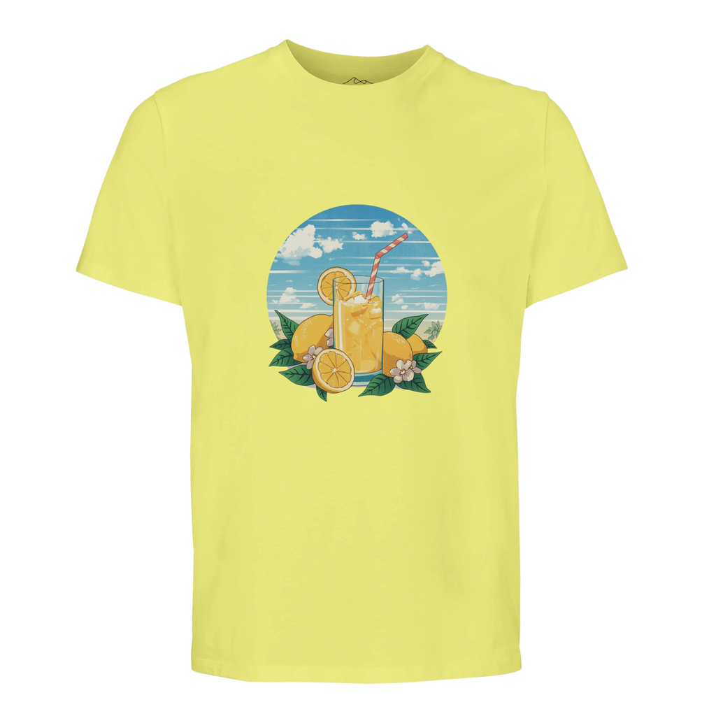 Yellow t-shirt with a graphic of lemonade and lemons on a white background