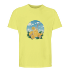 Yellow t-shirt with a graphic of lemonade and lemons on a white background